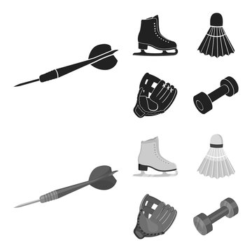 Darts darts, white skate skates, badminton shuttlecock, glove for the game.Sport set collection icons in black,monochrome style vector symbol stock illustration web.