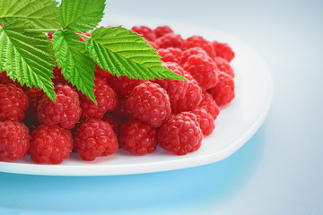 A lot of attractive appetizing raspberries with green leaves in a white plate.