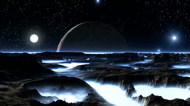 Sunrise Illuminates Alien Planet. In a dark starry sky, a huge planet (moon) hangs over a misty horizon. Bright rising sun illuminates a part of it. Dark rocks stand among a thick white glowing fog.