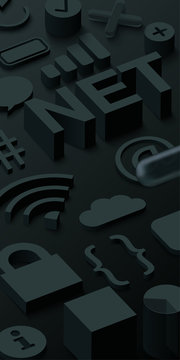 Black 3d net background with web symbols.
