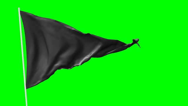 Black triangular blank plain black flag on flagpole flying and waving in the wind, 3D animation with green screen