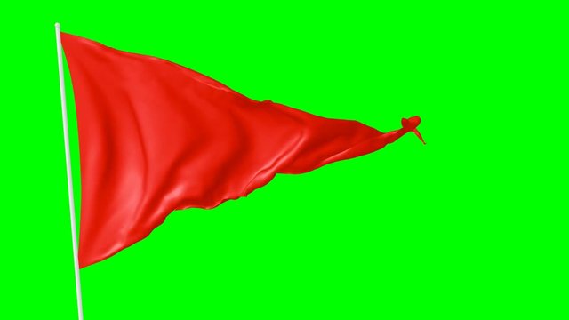 Red triangular blank plain red flag on flagpole flying and waving in the wind, 3D animation with green screen