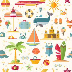 Summer flat seamless pattern with holyday and summer seasonal elements - palm, case, airplan, sun, sand and other. Flat modern endless background on summer theme