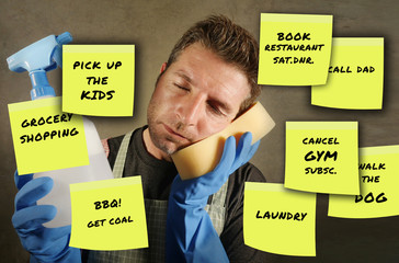 funny composite of man reading yellow post it notes left by his wife with domestic chores and...