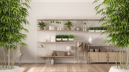 Zen interior with potted bamboo plant, natural interior design concept, eco white room with wooden bookshelf, vertical garden storage shelving, relax area with armchair