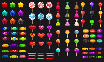 Supe set of different sweets on black background hard candies dragee jelly beans peppermint candy. Vector illustration,