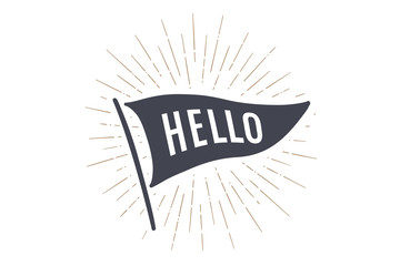 Naklejka premium Flag Hello. Old school flag banner with text Hello, Hallo, Hi. Ribbon flag in vintage style with linear drawing light rays, sunburst and rays of sun. Hand drawn design element. Vector Illustration