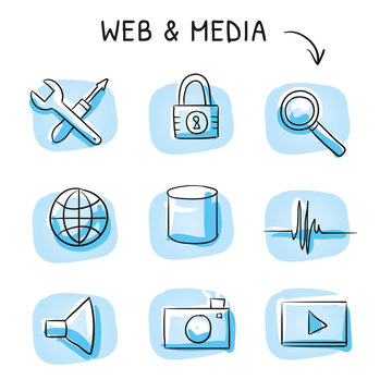 Set with different web icons, as tools, data block, media icons, tools, zoom and lock. Hand drawn cartoon sketch vector illustration, whiteboard marker style coloring.