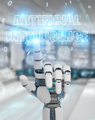 White cyborg hand using digital artificial intelligence text hologram 3D rendering