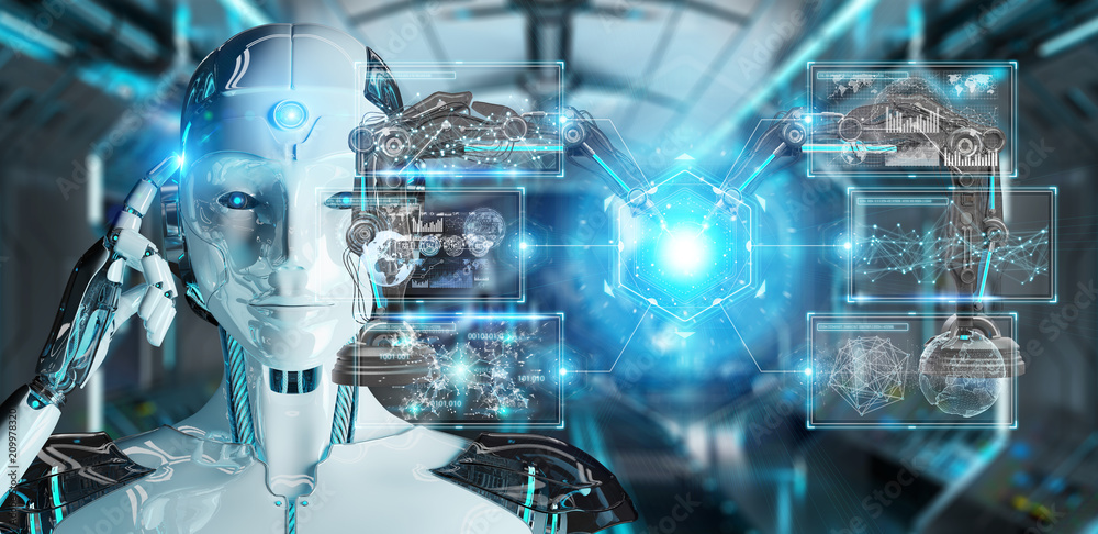 Poster white woman robot using robotics arms with digital screen 3d rendering