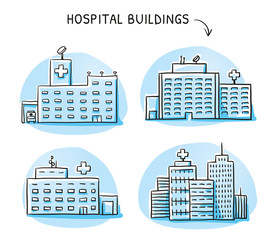 Set of different hospital buildings, medical center. Hand drawn cartoon sketch vector illustration, blue marker style coloring. 