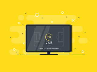 Video Assistant Referee. Soccer / football VAR System on the TV screen. Trendy flat vector on yellow background.