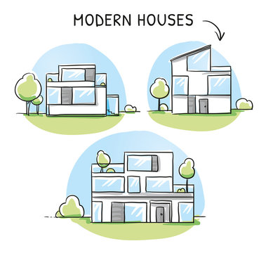 Set of different colorful modern noble designer houses, detached, single family houses with gardens and garage. Hand drawn cartoon sketch vector illustration, marker style coloring. 