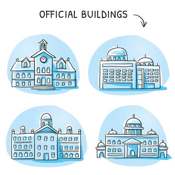 Set of different official buildings, central station, city hall, court, seat of government. Hand drawn cartoon vector illustration.