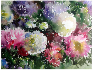 Obrazy  Streszczenie jasne kolorowe tło dekoracyjne. Kwiatowy wzór ręcznie robione. Piękny delikatny romantyczny letni bukiet kwiatów astry, wykonany w technice akwareli z natury.