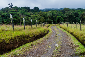 Fototapeta na wymiar Small mountain road between pastures near Boquete, Panama.