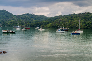 Fototapeta na wymiar Sail boats in Portobelo village, Panama