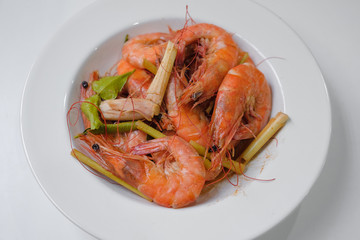Baked Shrimp on a plate on white background
