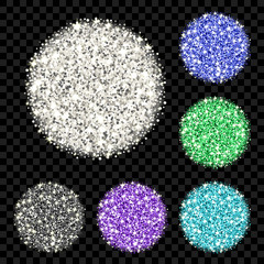 Glitter background set. Sparkle vector circles of different colors for your text on black backdrop. Template for your design of card, gift, vip, voucher, certificate, party invitation.