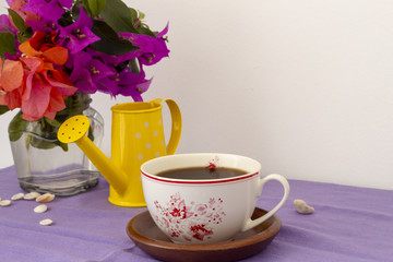 cup, tea, drink, coffee, white, beverage, breakfast, flowers,