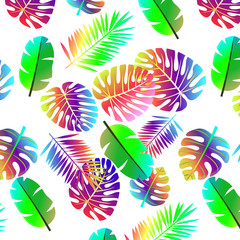 Fototapeta na wymiar A bright neon pattern with tropical leaves of palm, fern. Tropic pattern on isolated white background - vector