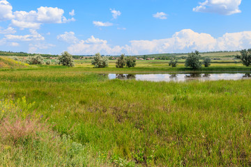 Naklejka premium Summer landscape with small river and blue cloudy sky