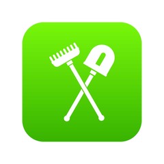 Shovel and rake icon digital green for any design isolated on white vector illustration