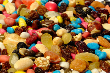 Fototapeta na wymiar Mix nuts and dry fruits, natural sweets
