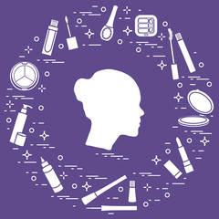 Silhouette of female head and various accessories for the application of decorative cosmetics.