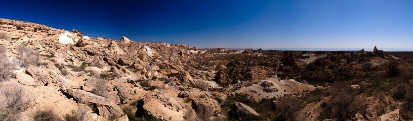 Panorama view to Plateau Ustyurt and the edge of Aral sea at Duana cape, Karakalpakstan, Uzbekistan