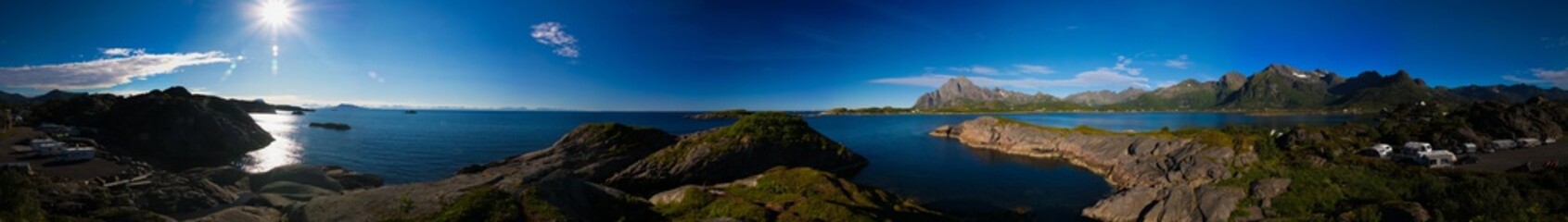 Panoramic view to Orsvagvaer village and Sandvika fjord at Austvagoy Island, Lofoten, Norway