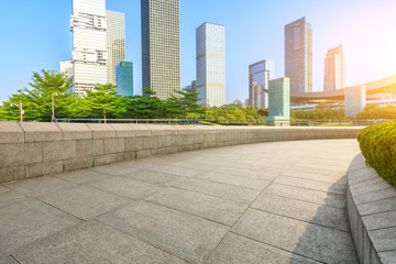 Empty passage and modern commercial building at sunrise in Shenzhen