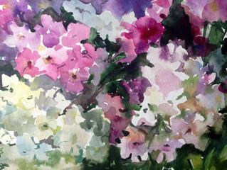 Abstract bright colored decorative background . Floral pattern handmade . Beautiful tender romantic spring bouquet of phlox flowers  , made in the technique of watercolors from nature.