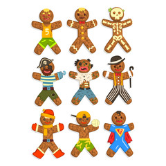 Obraz premium Gingerbread men wearing different costumes set, funny Christmas characters ector Illustration on a white background