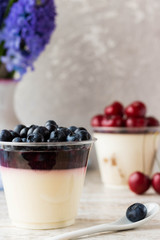 Italian dessert pana cota with berry jam and fresh blueberries