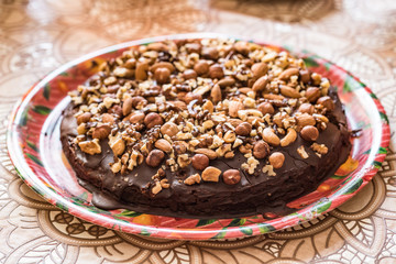 Homemade chocolate cake with walnuts