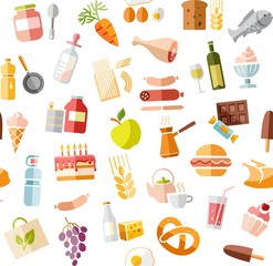 Food, seamless pattern, color, white, grocery, vector. Food and drinks, production and sale. Vector, seamless background. Colored flat icons on white field.  