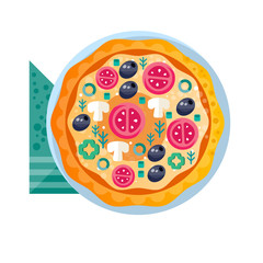 Whole hot delicious vegetarian pizza with tomatoes, mushrooms, olives and green pepper vector Illustration on a white background