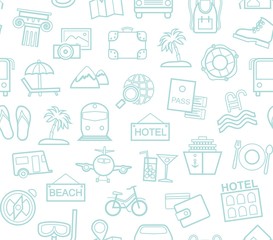 Travel, vacation, tourism, recreation, seamless pattern, outline, white, blue, vector. Different types of holidays and ways of travelling. Vector, color background. 