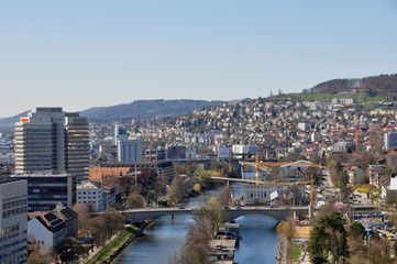 Fototapeta na wymiar Switzerland: Panoramic view to the westend of Zürich-City and the Limmat-River from Mariott Hotel