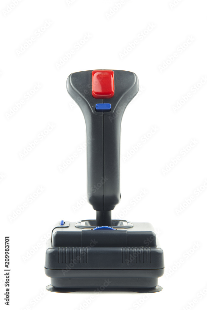 Wall mural back view of a isolated black joystick with red button / isolated portrait of a vintage joystick wit