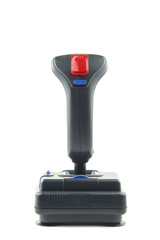 back view of a isolated black joystick with red button / isolated portrait of a vintage joystick with cable