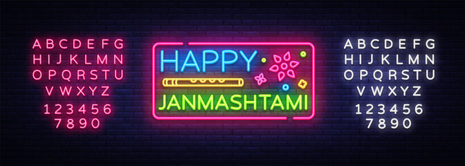 Happy Janmashtami vector greeting card neon. Modern trend design vector template. Greeting card for Krishna's birthday. Indian community festival Krishna Janmashtami. Editing text neon sign