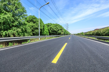 Asphalt road and green forest on a sunny day