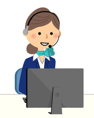制服の女性　PCとイヤホンマイク