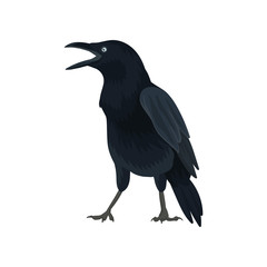 Detailed vector icon of raven. Large bird with black feathers and big beak. Wild feathered animal. Fauna theme. Element for poster of book