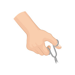 Female hand with nail scissors. Hand care and manicure theme. Flat vector element for advertising poster of beauty center