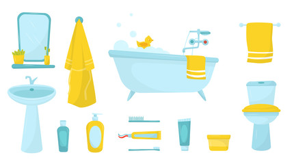 Flat vector set of bathroom items. Bath with foam and rubber duck, bathrobe and towel, cosmetics for skin care and personal hygiene