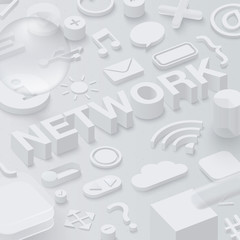 Grey 3d network background with ui web symbols.