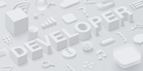 Grey 3d developer background with web symbols.